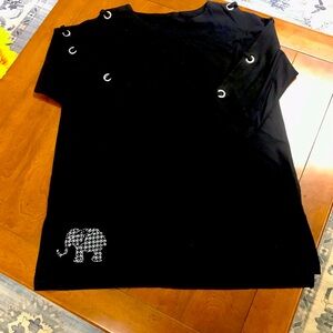 Distinct Black Long Sleeve Top with‎ Silver Embelished Elephants. Laced arms.